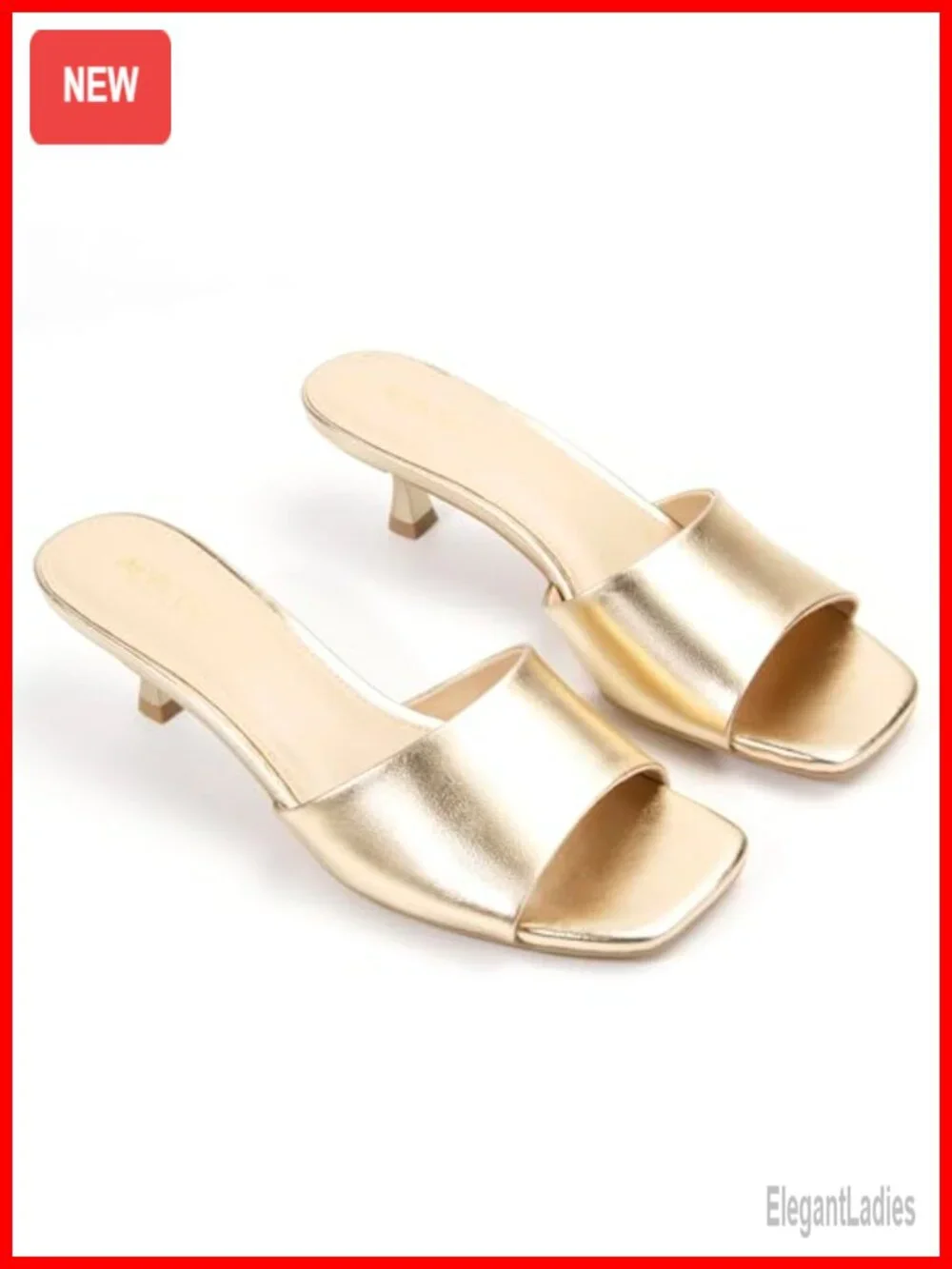 Women's Kitten Heel Sandals Square Open Toe One Band Slip-On Mules Faux Leather
